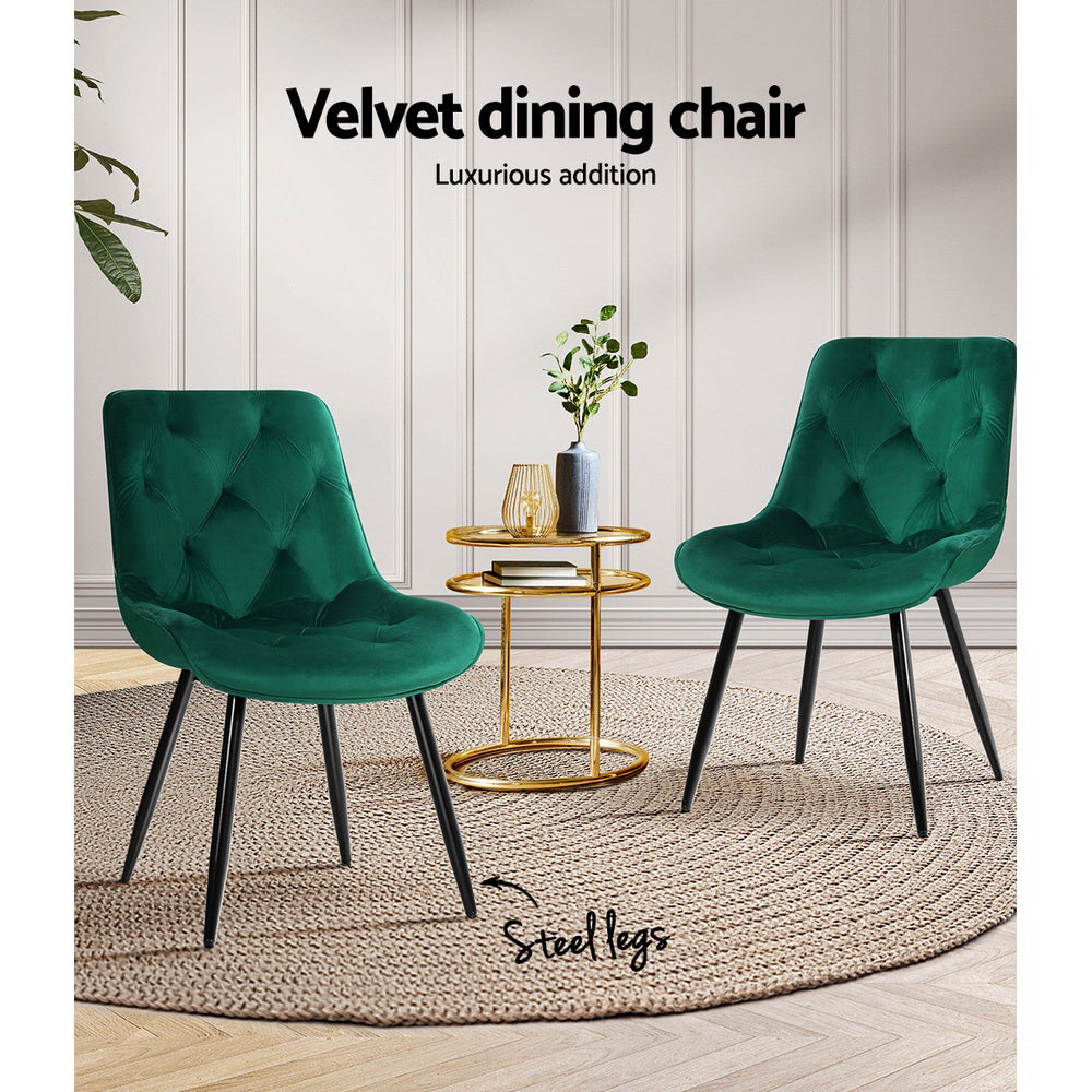 Hadley Set of 2 Dining Chairs Velvet Diamond Tufted - Green