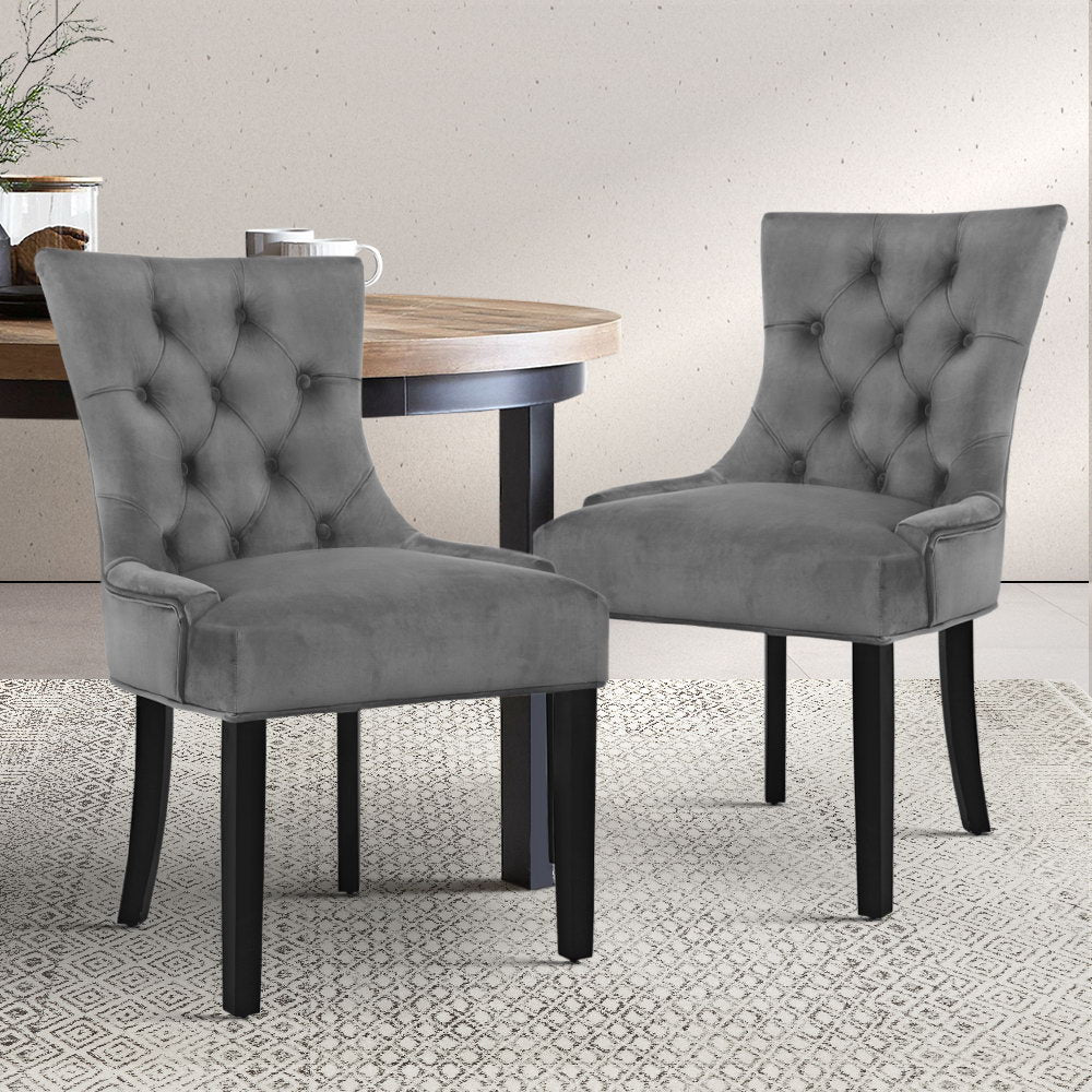 Layne Set of 2 Dining Chairs French Provincial Retro Wooden Velvet Fabric - Grey