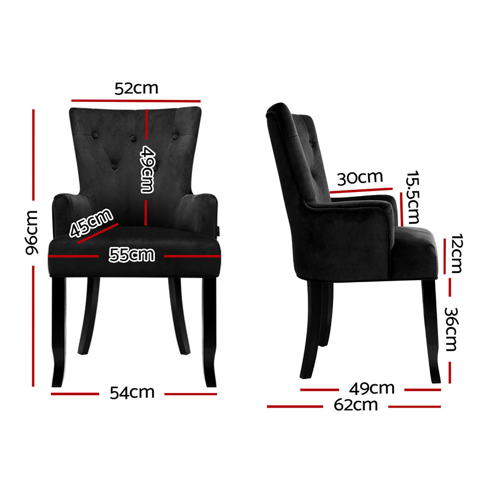 Set of 2 Arden Dining Chair Velvet French Provincial Armchair - Black