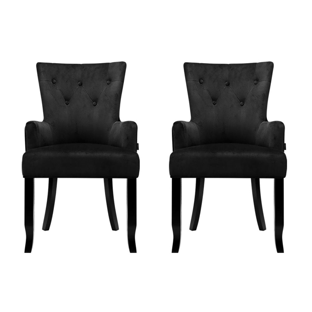 Set of 2 Arden Dining Chair Velvet French Provincial Armchair - Black