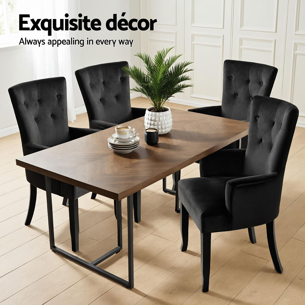 Set of 2 Arden Dining Chair Velvet French Provincial Armchair - Black