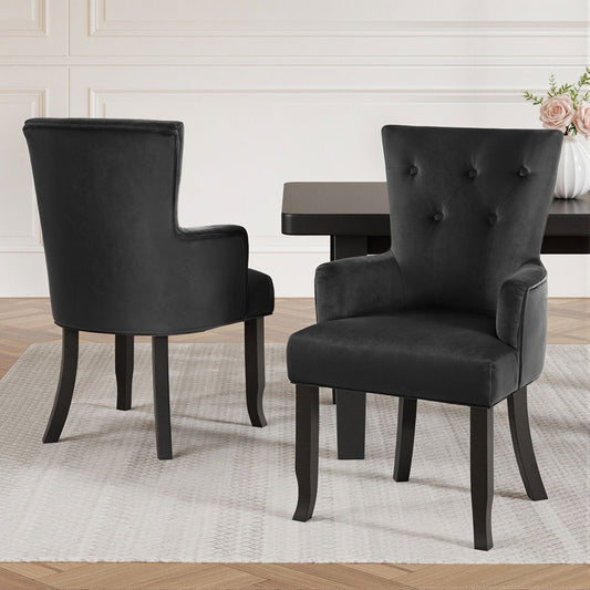 Set of 2 Arden Dining Chair Velvet French Provincial Armchair - Black