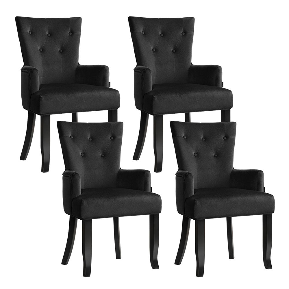 Set of 4 Arden Dining Chair Velvet French Provincial Armchair - Black
