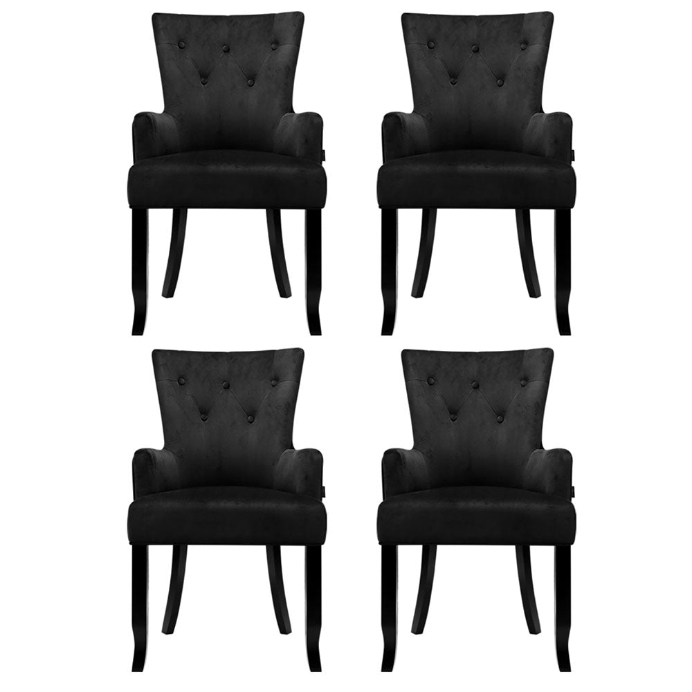 Set of 4 Arden Dining Chair Velvet French Provincial Armchair - Black