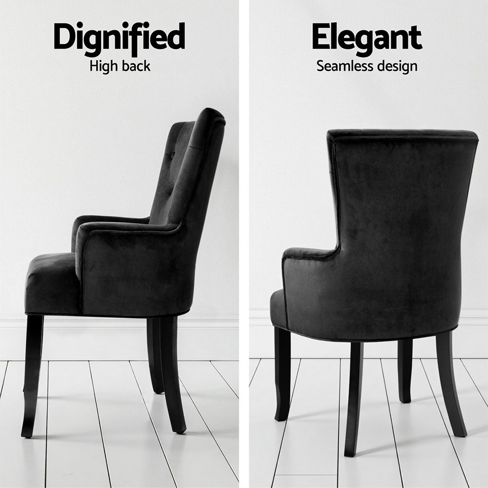 Set of 4 Arden Dining Chair Velvet French Provincial Armchair - Black