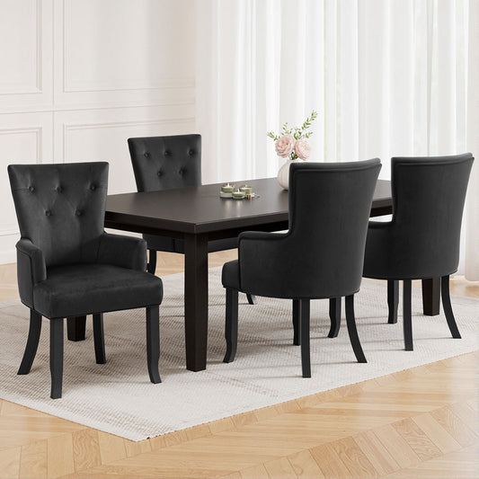 Set of 4 Arden Dining Chair Velvet French Provincial Armchair - Black