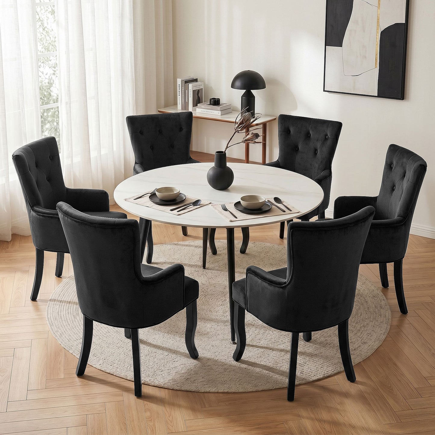Arden Set of 6 Dining Chair Velvet French Provincial Armchair - Black
