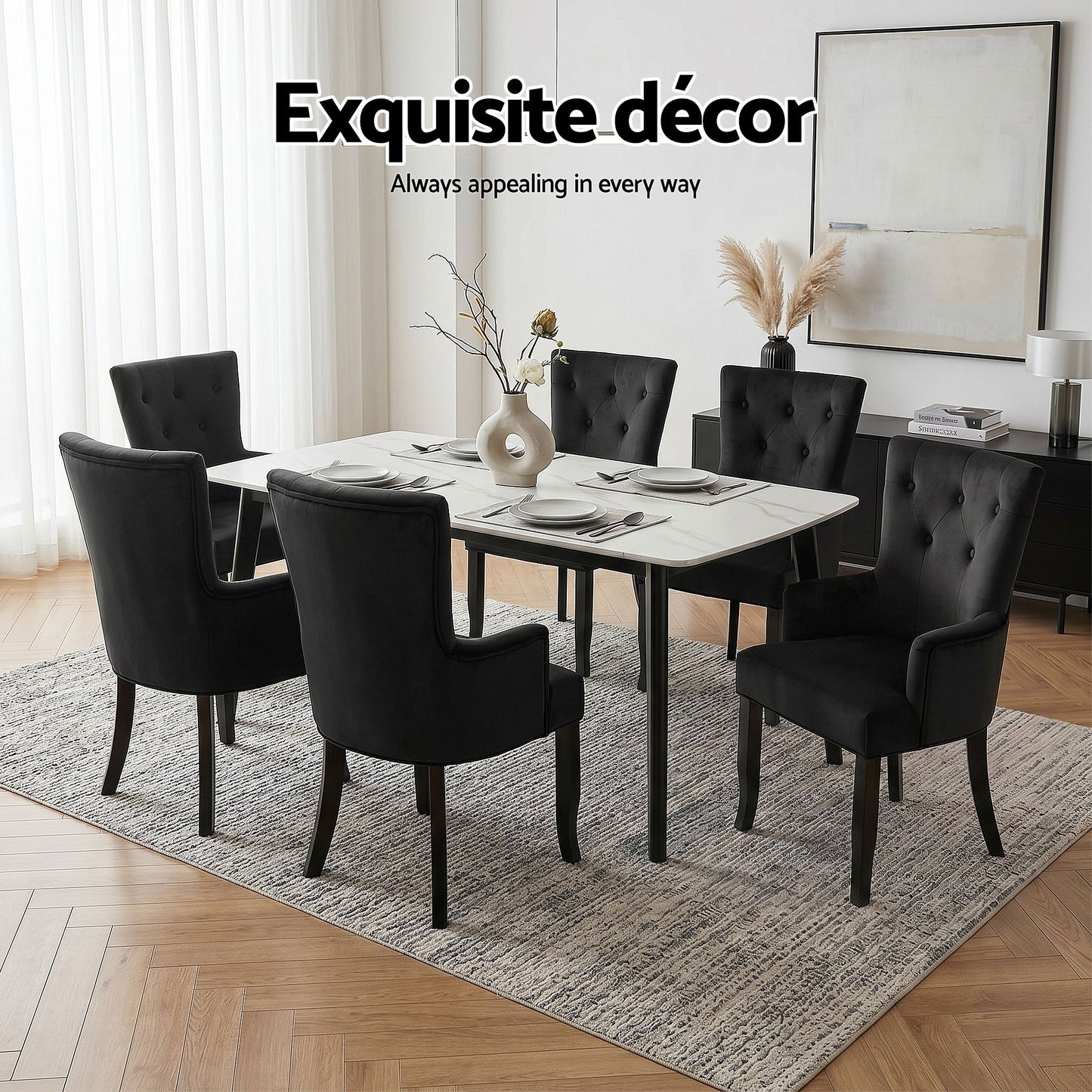 Arden Set of 6 Dining Chair Velvet French Provincial Armchair - Black