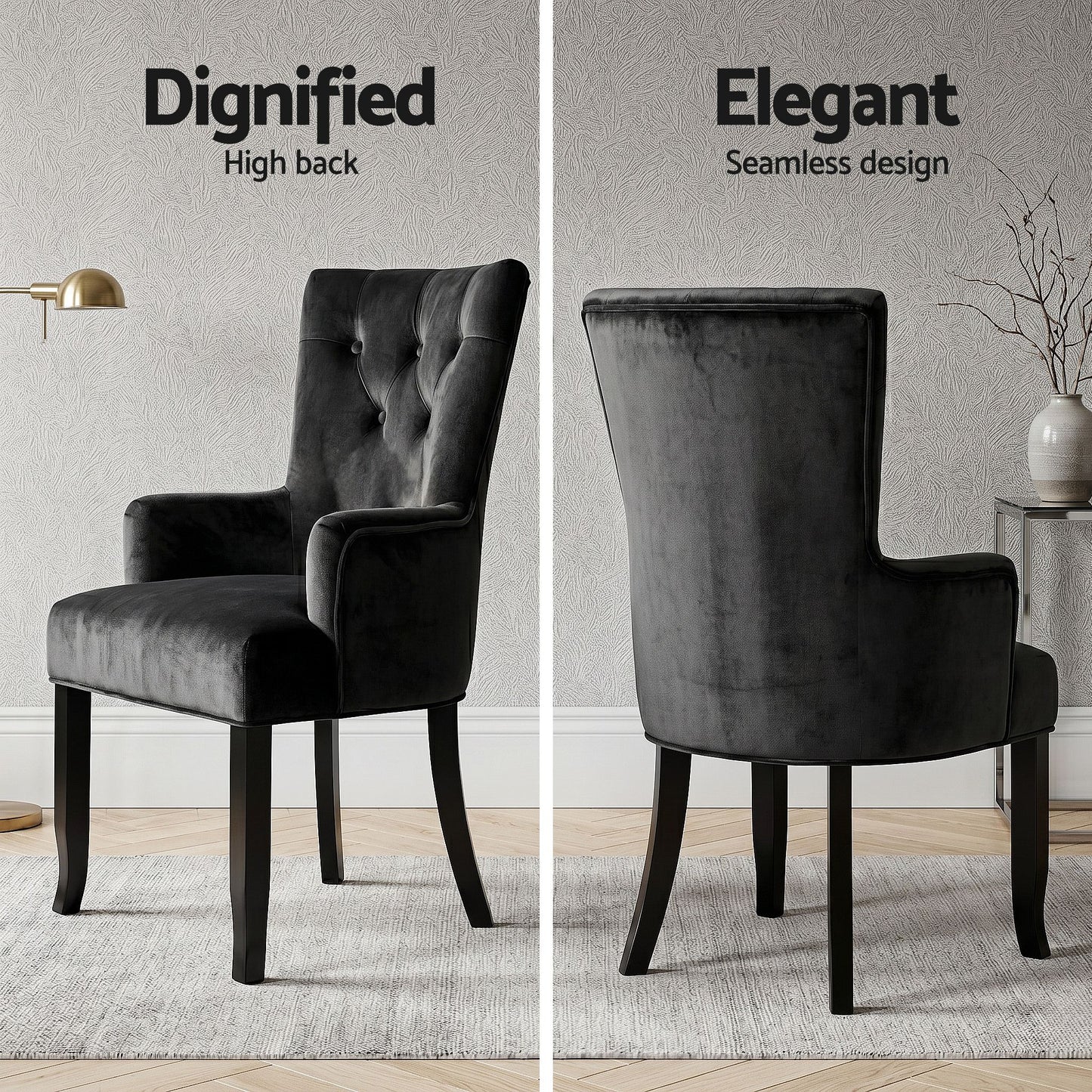 Arden Set of 6 Dining Chair Velvet French Provincial Armchair - Black