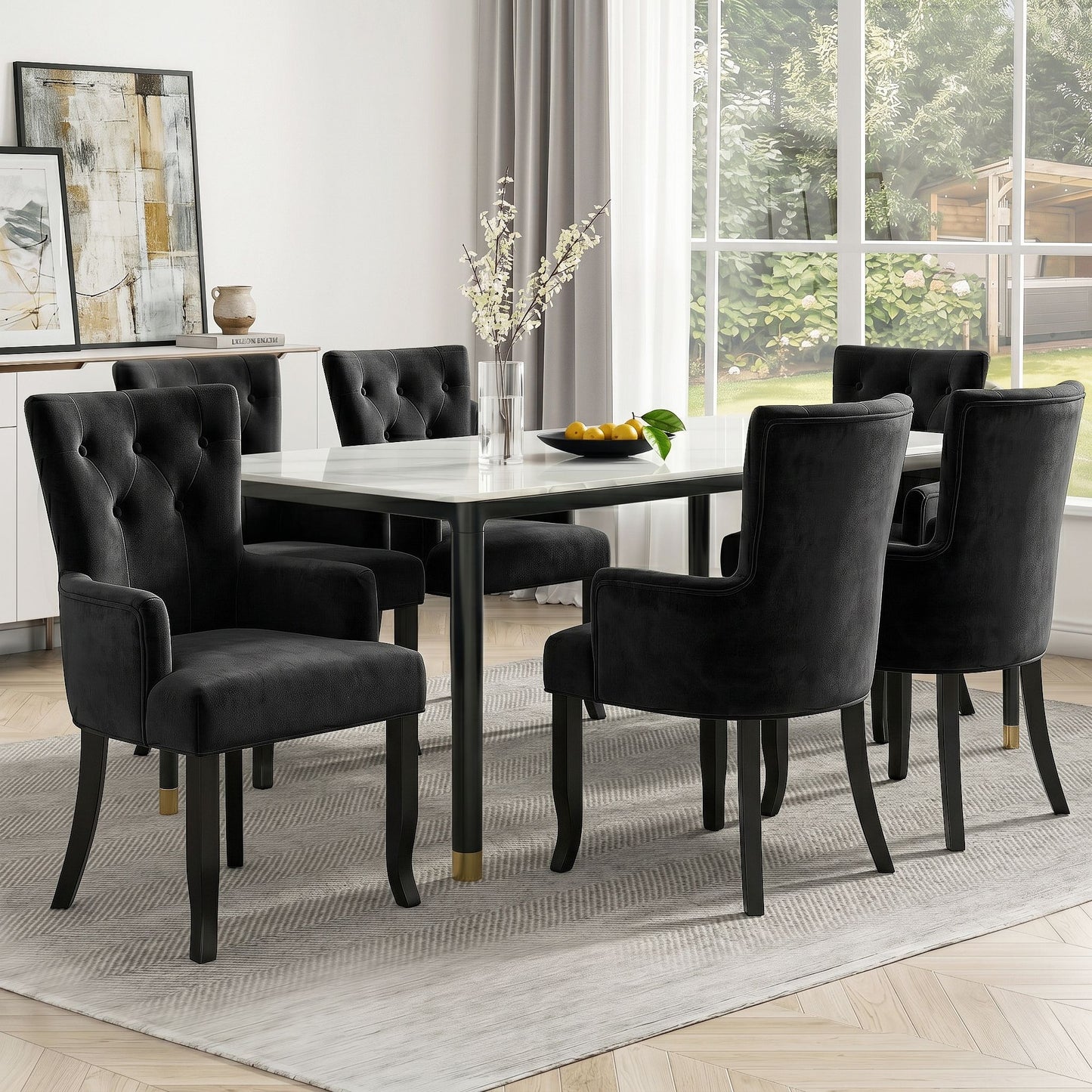 Arden Set of 6 Dining Chair Velvet French Provincial Armchair - Black