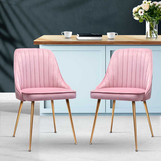 Kody Set of 2 Dining Chairs Velvet Channel Tufted - Pink