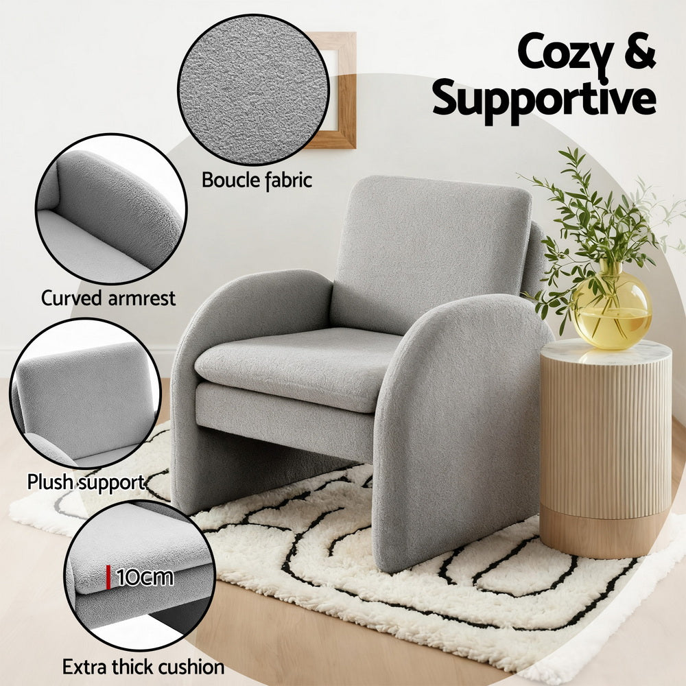 Mairead Armchair Accent Chair Lounge Tub Sofa Couch Curved Arm Seat Boucle - Grey
