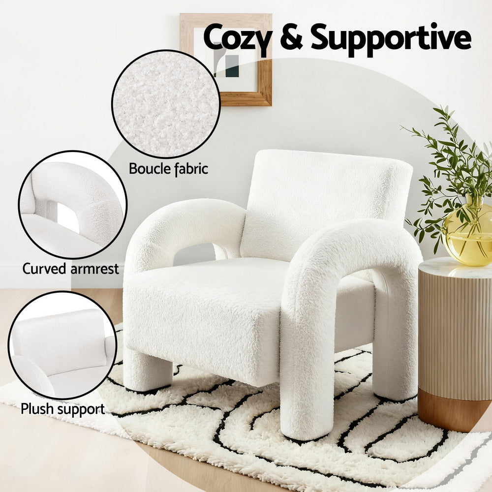 Moriah Armchair Accent Chair Lounge Sofa Couch Curved Seat Boucle - White