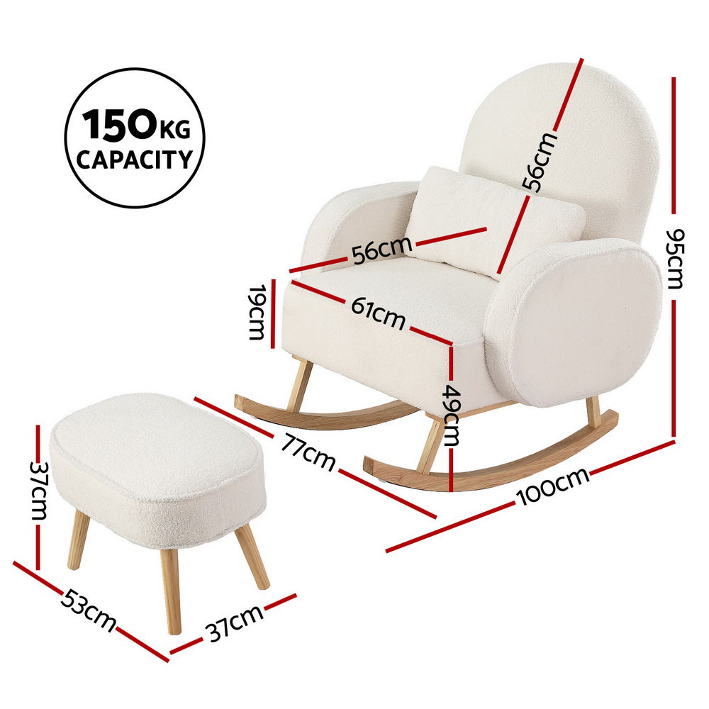 Muriel Armchair Rocking Chair Ottoman Lounge Footrest Round Nursing Boucle - White