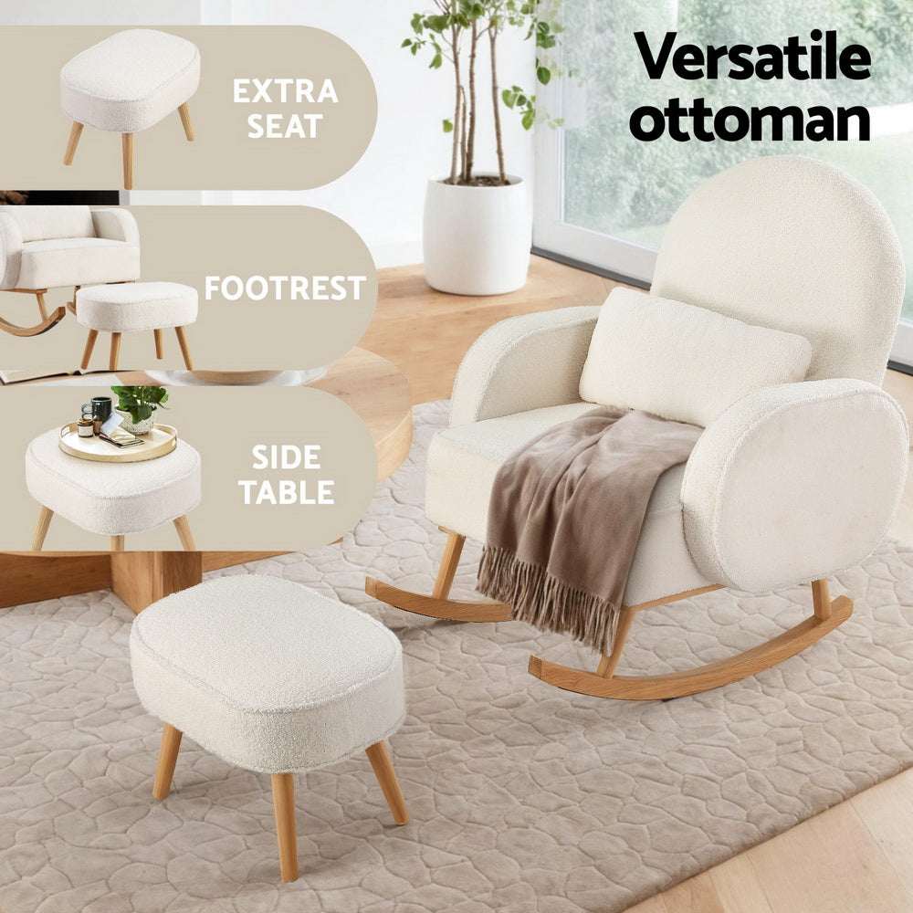 Muriel Armchair Rocking Chair Ottoman Lounge Footrest Round Nursing Boucle - White