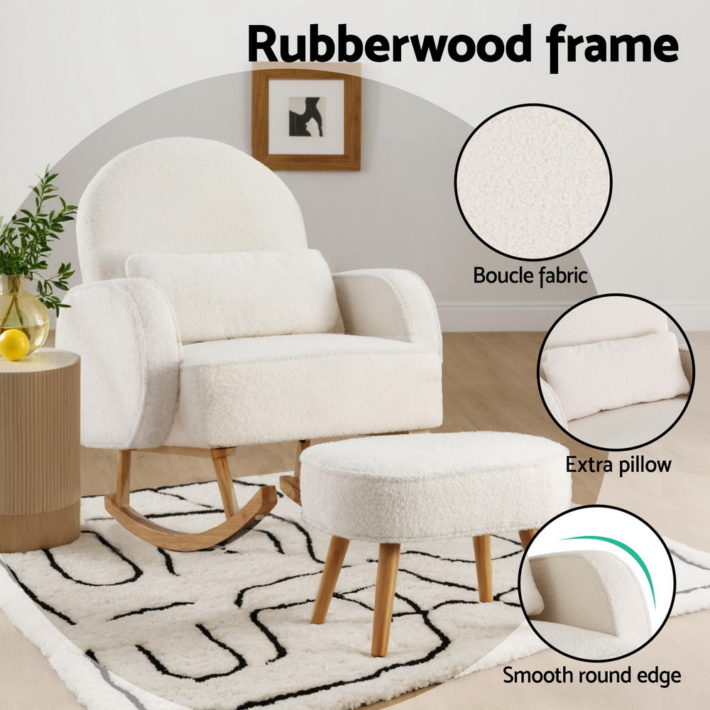 Muriel Armchair Rocking Chair Ottoman Lounge Footrest Round Nursing Boucle - White