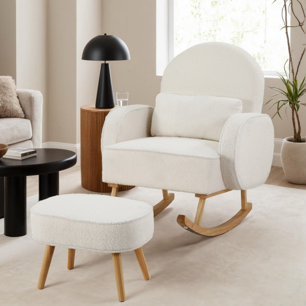 Muriel Armchair Rocking Chair Ottoman Lounge Footrest Round Nursing Boucle - White