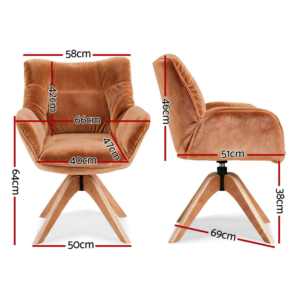 Dimensions of Maren Swivel Chair Armchair Nursing Velvet - Brown shown from front and side views, highlighting ergonomic design and measurements.