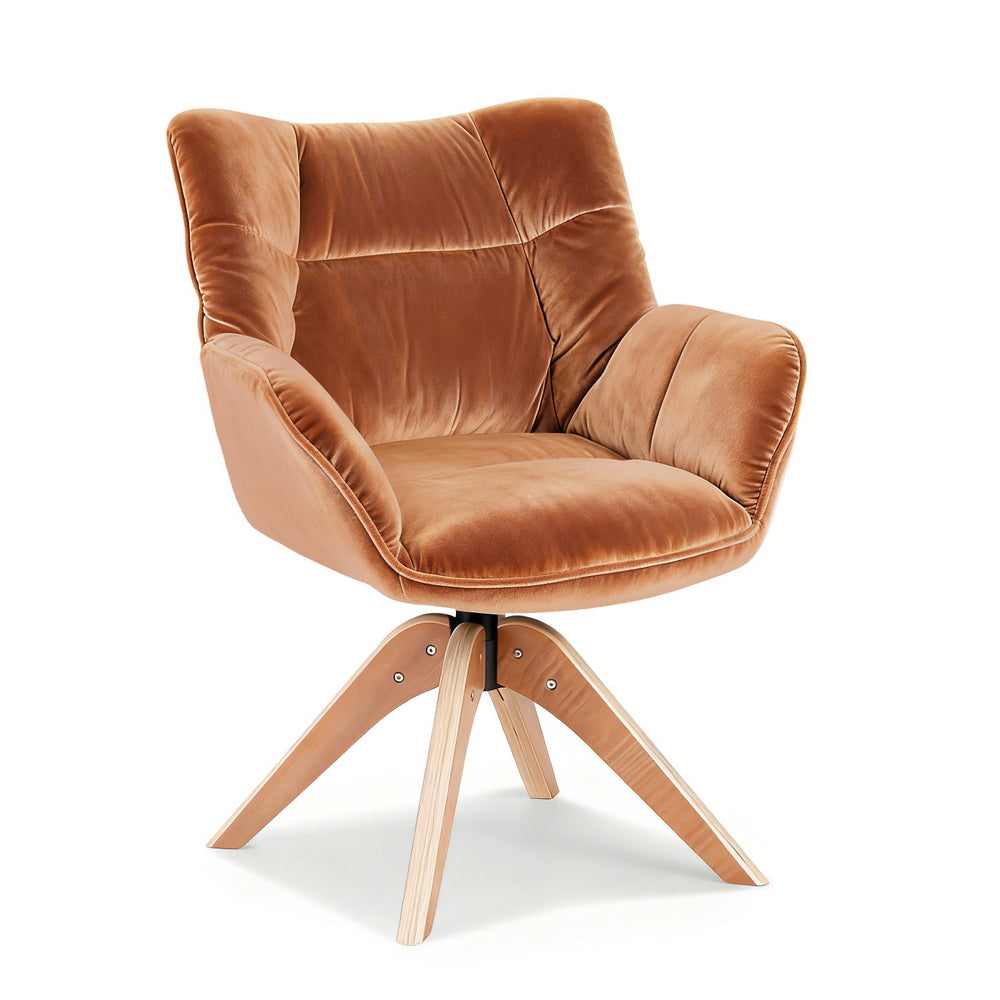 Brown Maren Velvet Swivel Armchair featuring plush cushioning and angled wooden legs, ideal for stylish and comfortable home seating.