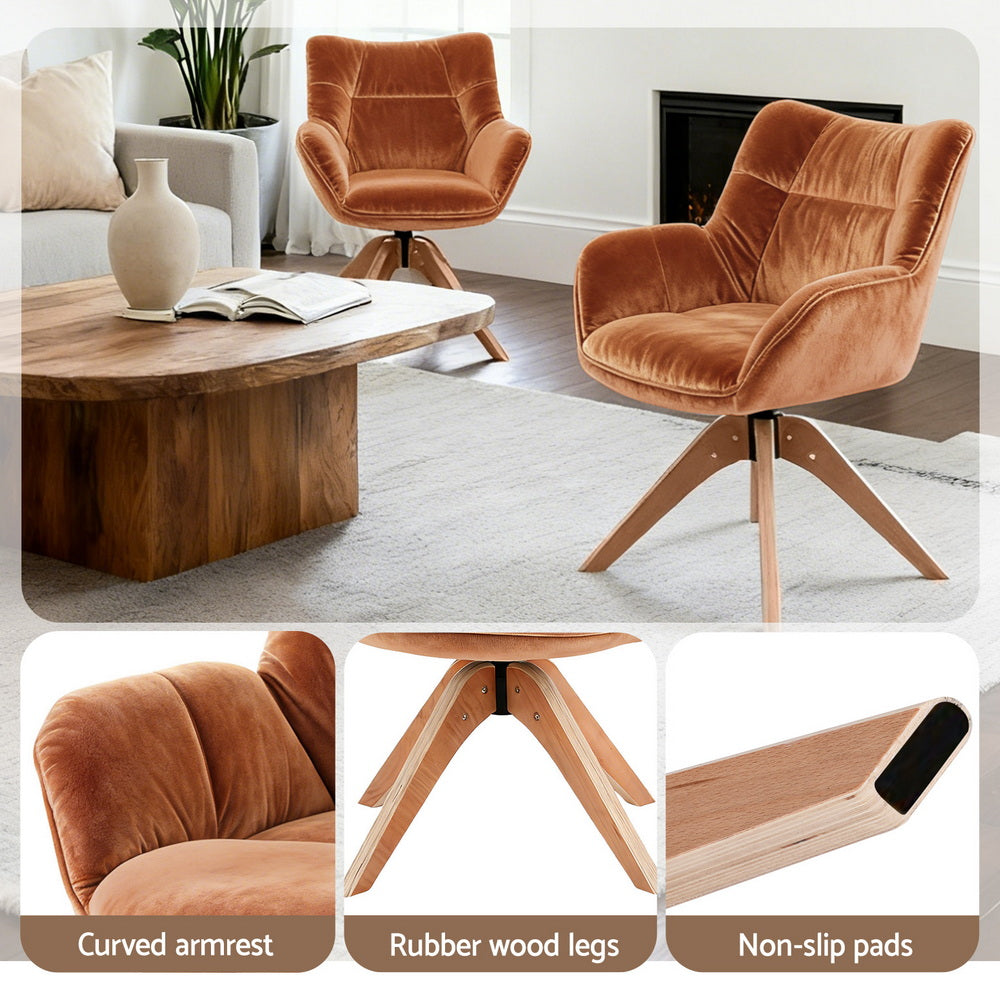 Close-up features of Maren Swivel Chair Armchair Nursing Velvet - Brown including curved armrest, rubber wood legs, and non-slip pads.
