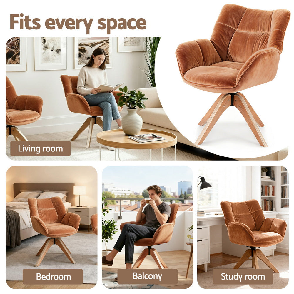 Maren Swivel Chair Armchair Velvet - Brown shown in various home settings such as living room, bedroom, balcony, and study room for versatile use.