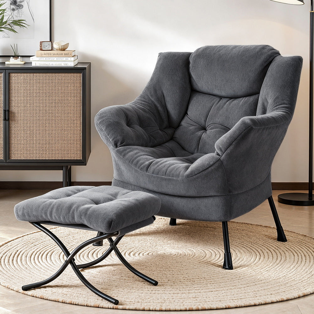 Maudie Armchair Accent Chair Ottoman Lounge Footrest Velvet - Grey