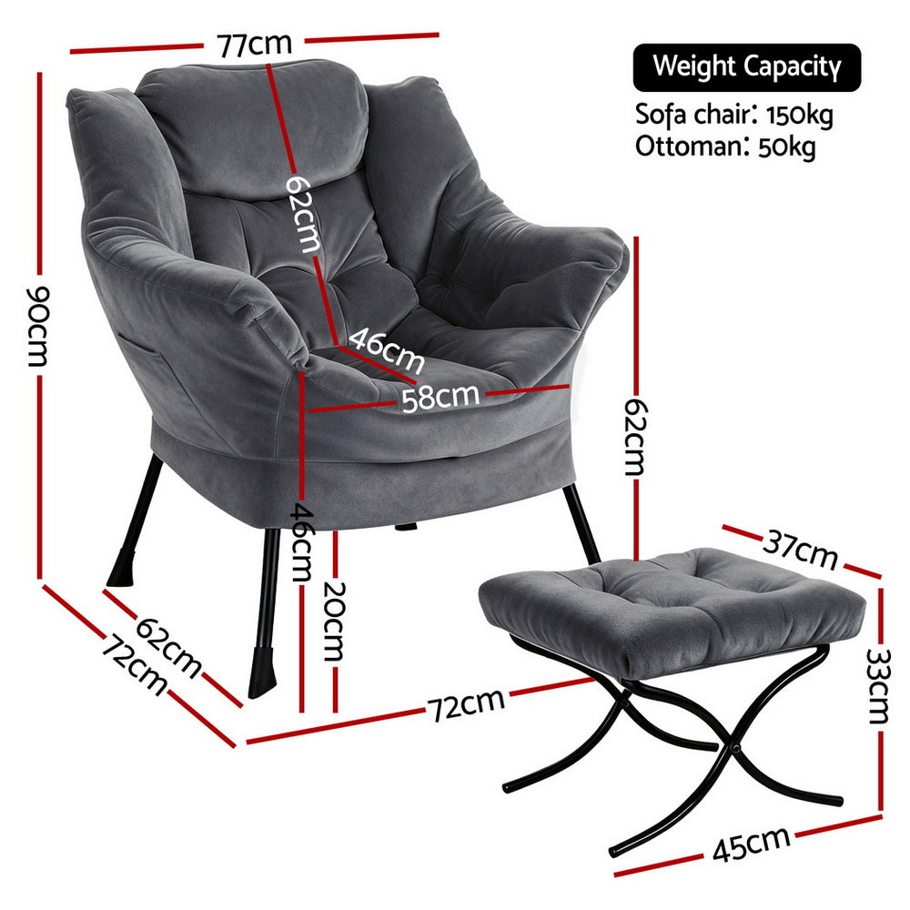 Maudie Armchair Accent Chair Ottoman Lounge Footrest Velvet - Grey