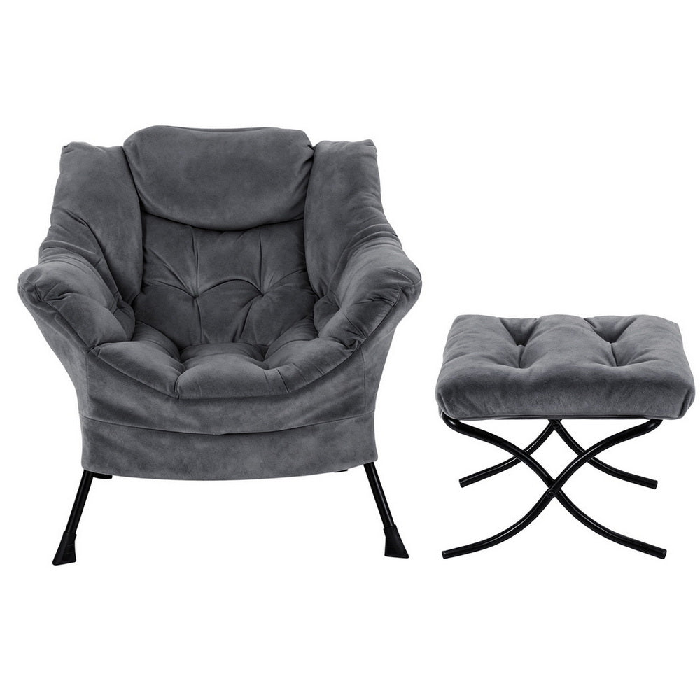 Maudie Armchair Accent Chair Ottoman Lounge Footrest Velvet - Grey