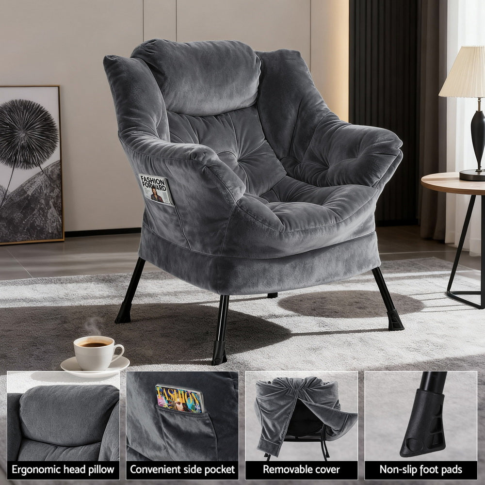 Maudie Armchair Accent Chair Ottoman Lounge Footrest Velvet - Grey