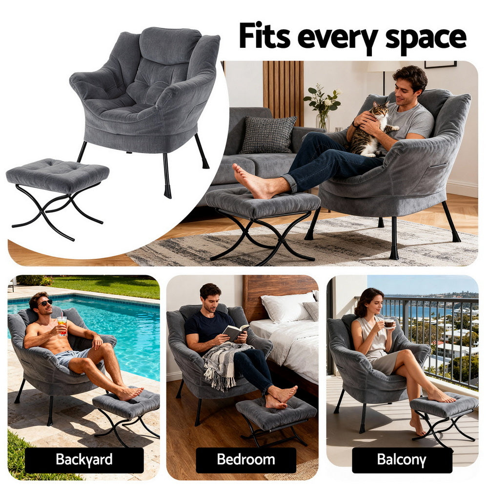 Maudie Armchair Accent Chair Ottoman Lounge Footrest Velvet - Grey