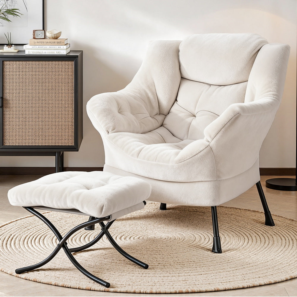 Maudie Armchair Accent Chair Ottoman Lounge Footrest Velvet - White