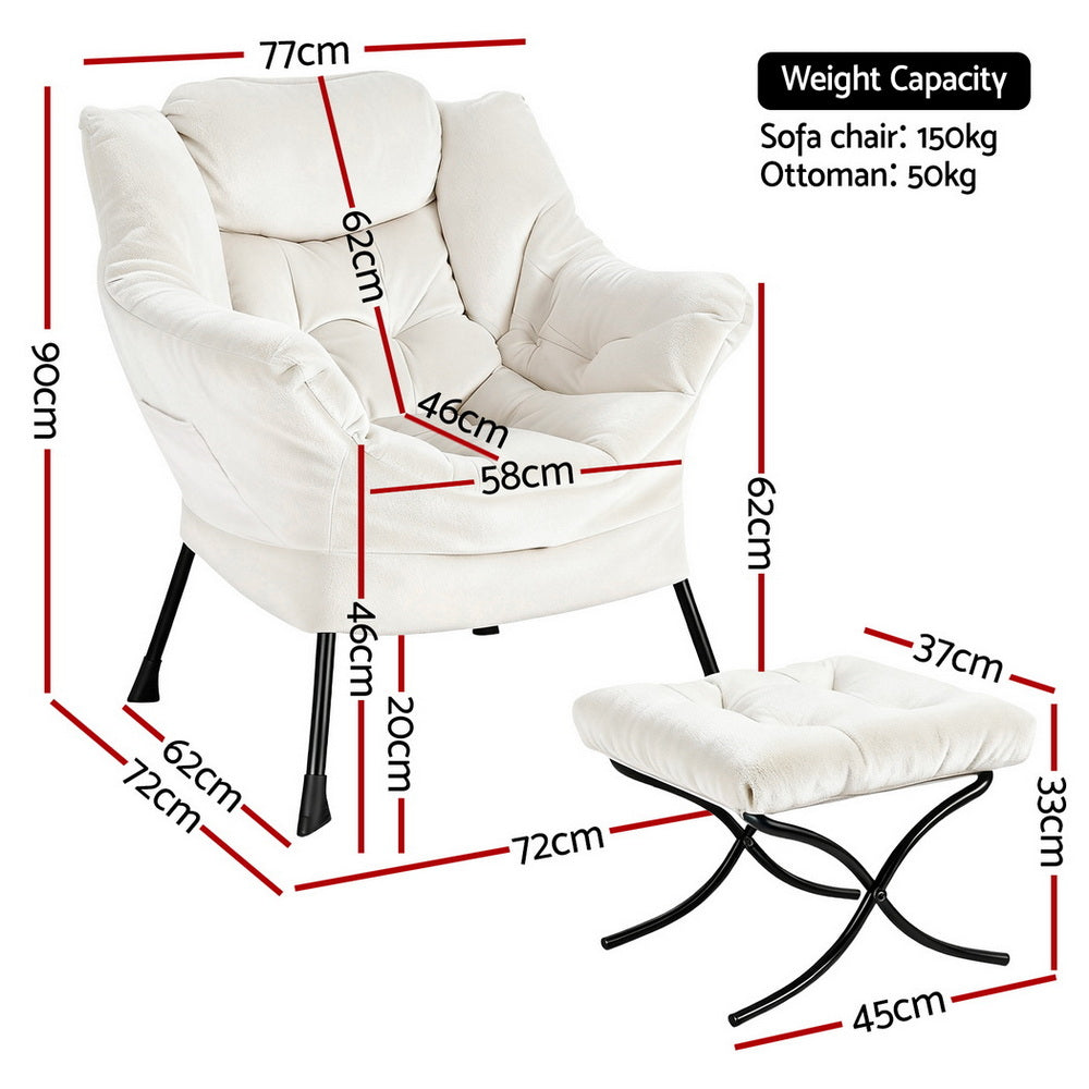 Maudie Armchair Accent Chair Ottoman Lounge Footrest Velvet - White