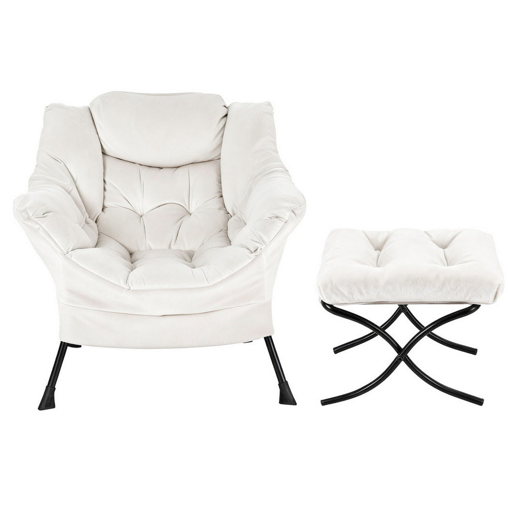 Maudie Armchair Accent Chair Ottoman Lounge Footrest Velvet - White