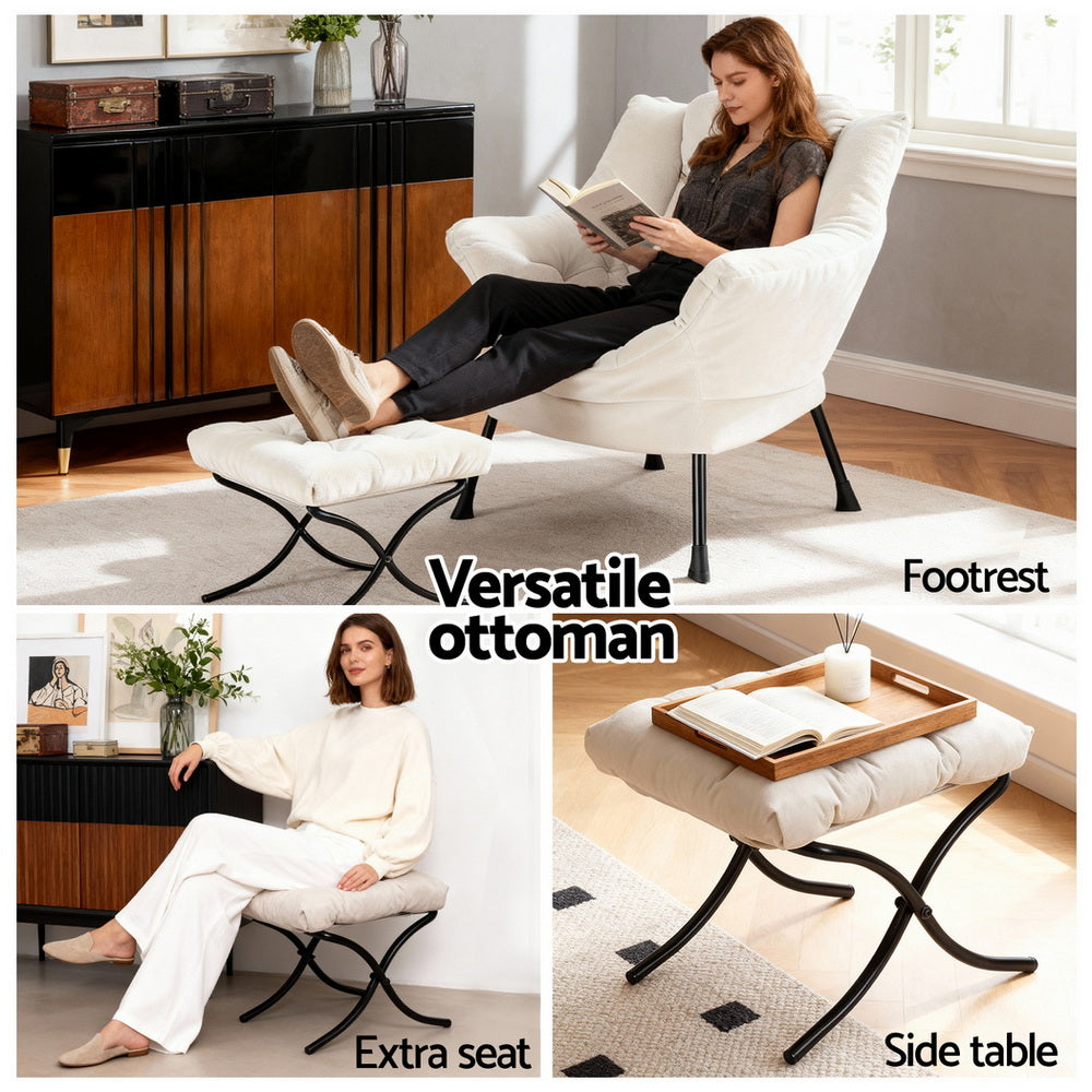 Maudie Armchair Accent Chair Ottoman Lounge Footrest Velvet - White