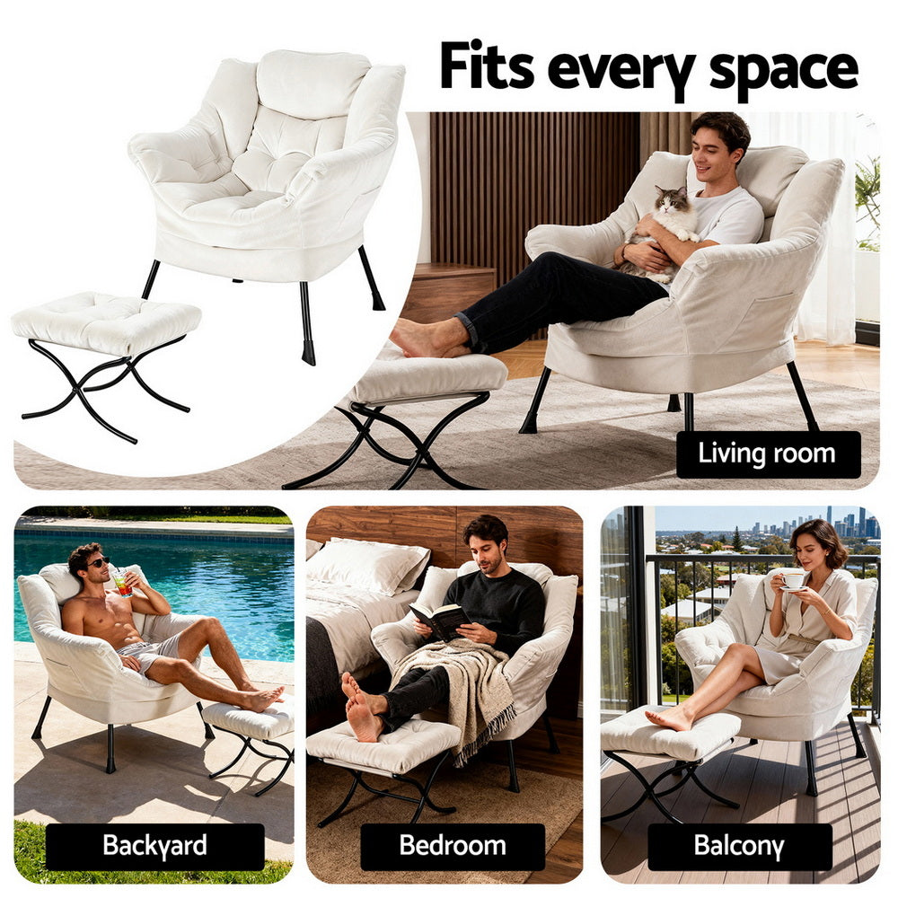 Maudie Armchair Accent Chair Ottoman Lounge Footrest Velvet - White