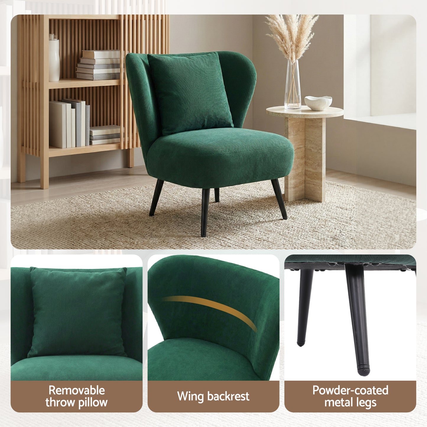 Marjani Armchair Accent Chair Lounge Tub Sofa Couch Corduroy Velvet - Green