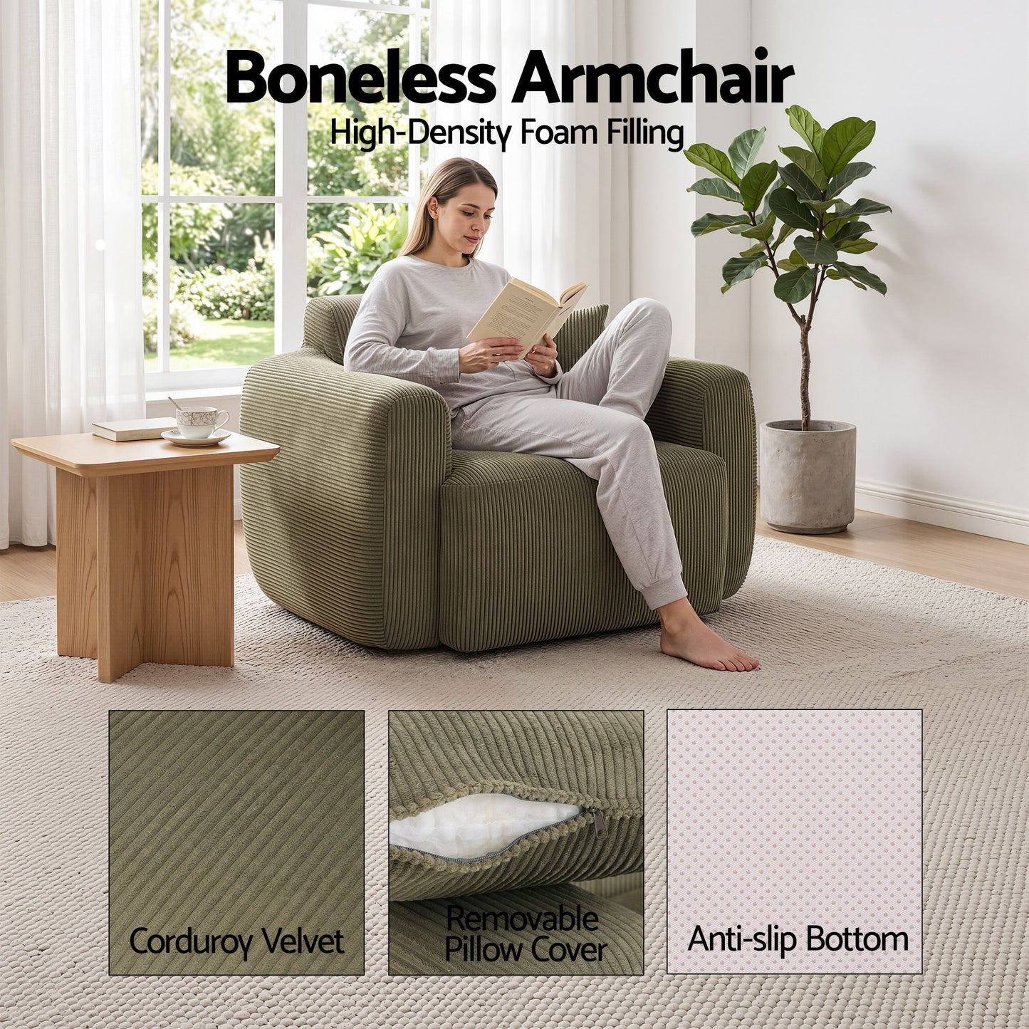 Meyburn Compressed Armchair Sofa with Cushion Corduroy - Green