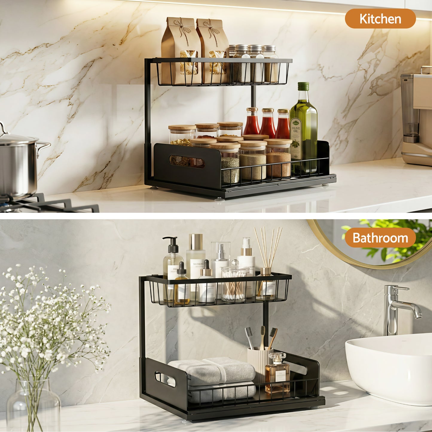 Under Sink Organizer Storage L Shape 1 Pull Out Drawers Kitchen Cabinet Shelf
