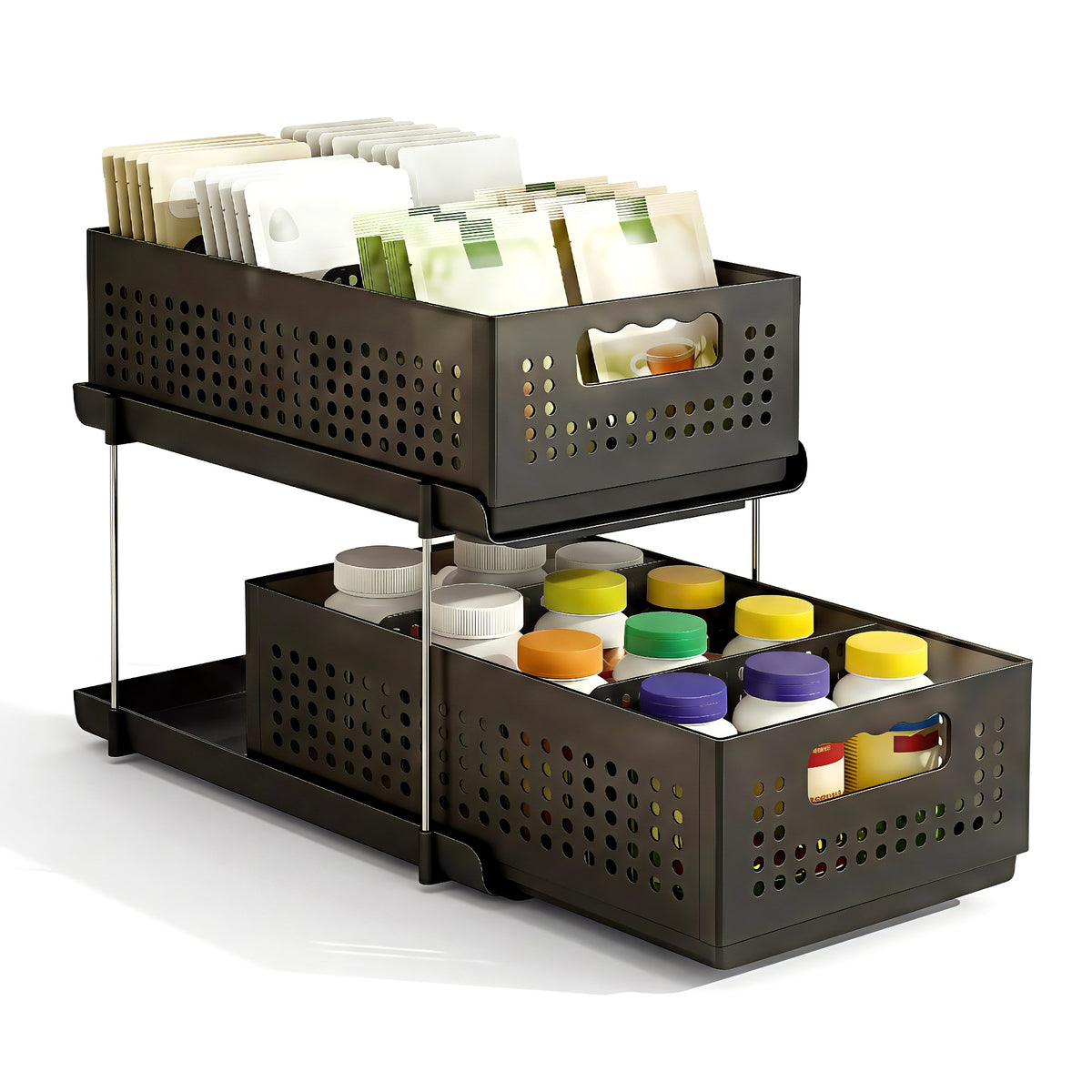 Under Sink Organizer 2 Tier Pull Out Drawer with Removable Baskets & Divider