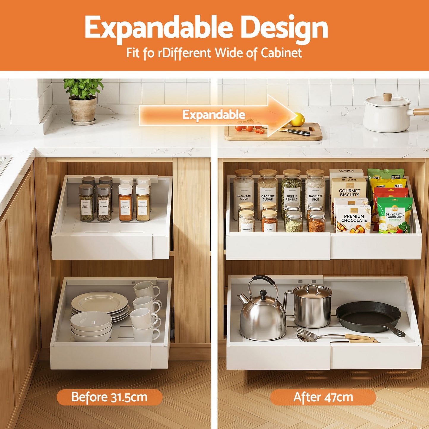 2 Pack Pull Out Drawers for Cabinets Expandable Cabinet Organizer White