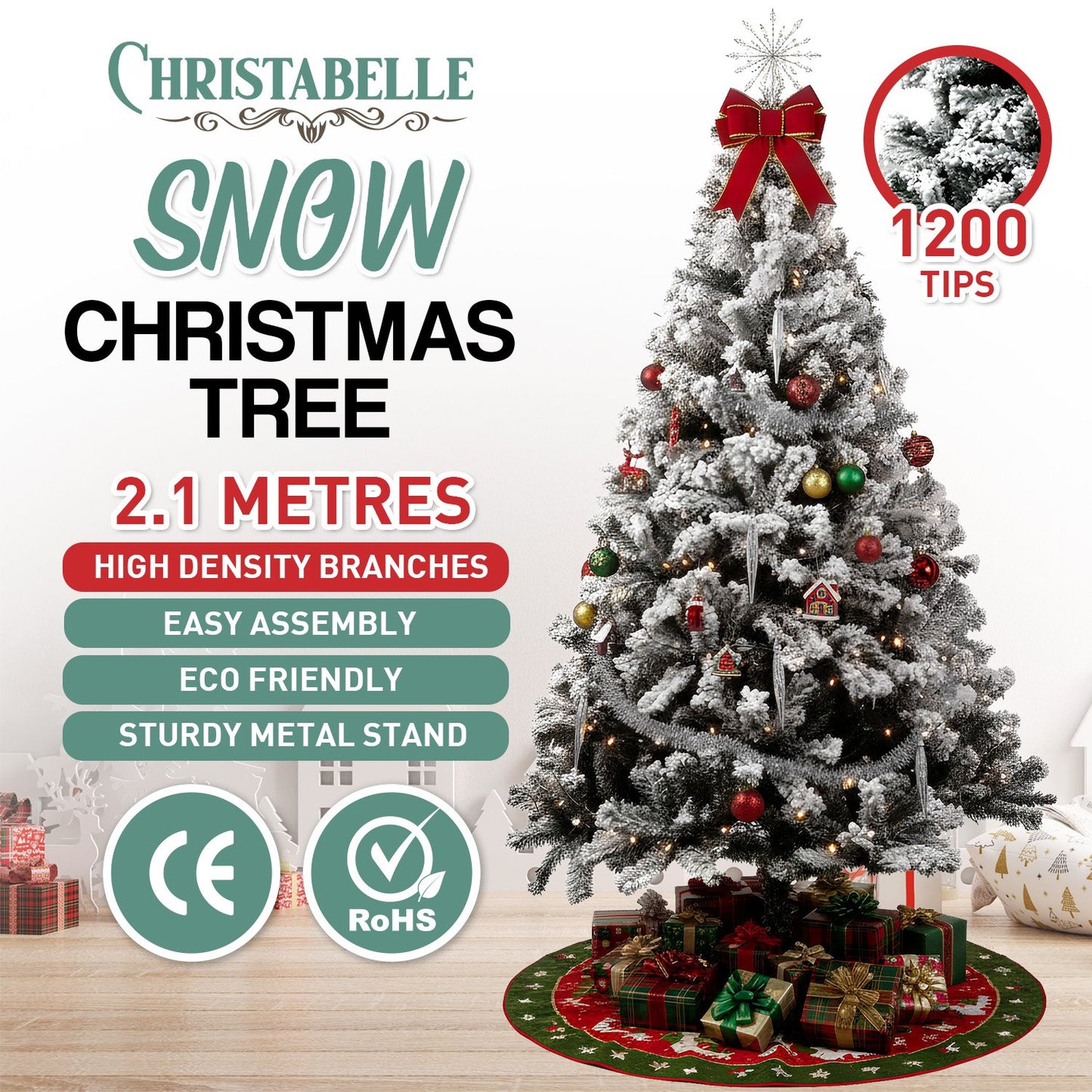 7ft 2.1m 1200 Tips Snow-Tipped Artificial Christmas Tree