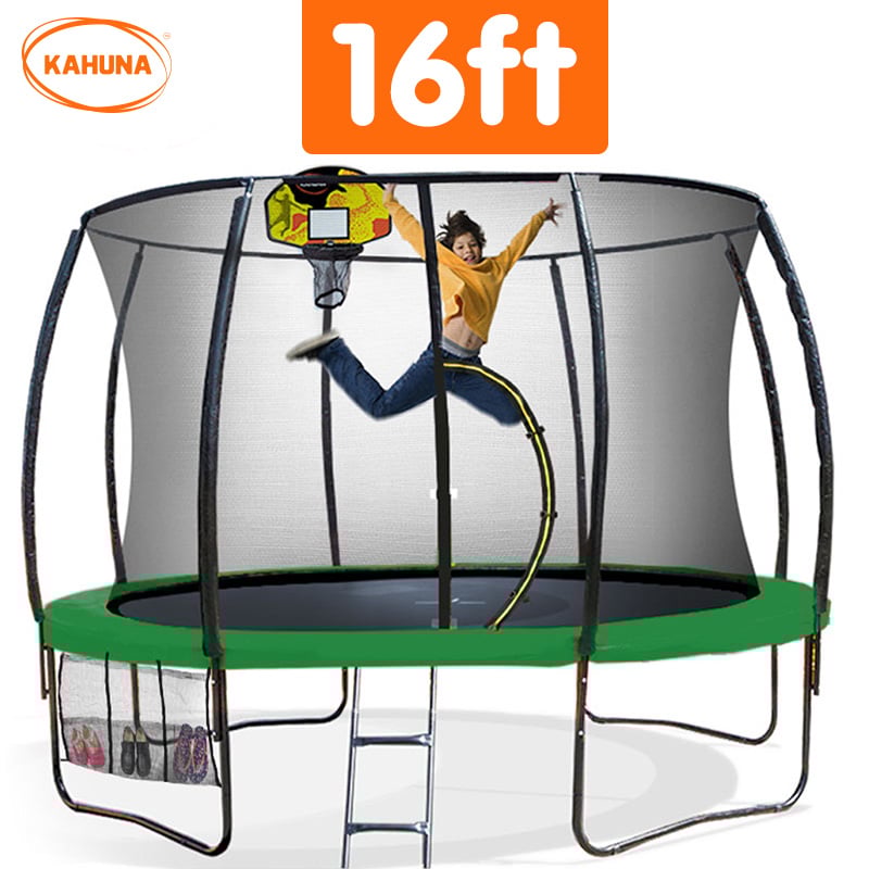 Kahuna Trampoline for Kids 16FT Outdoor Children with Safety Enclosure Pad Mat Ladder Basketball Hoop Set - Green