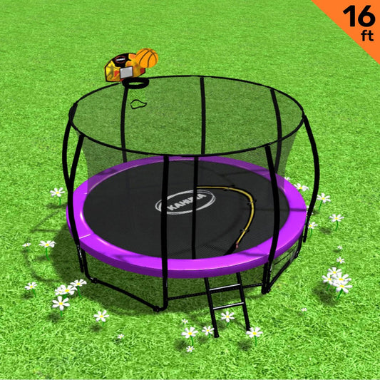 Kahuna Trampoline for Kids 16FT Outdoor Children with Safety Enclosure Pad Mat Ladder Basketball Hoop Set - Purple