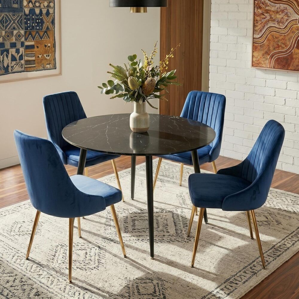 5-Piece Ermes Blue Dining Table & Chair Set Velvet Bistro