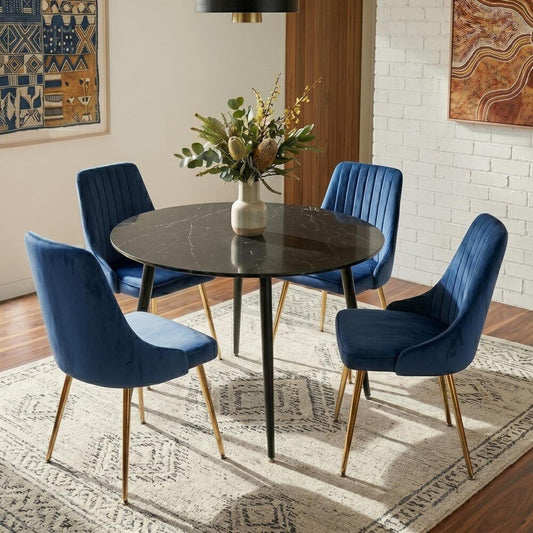 5-Piece Ermes Blue Dining Table & Chair Set Velvet Bistro