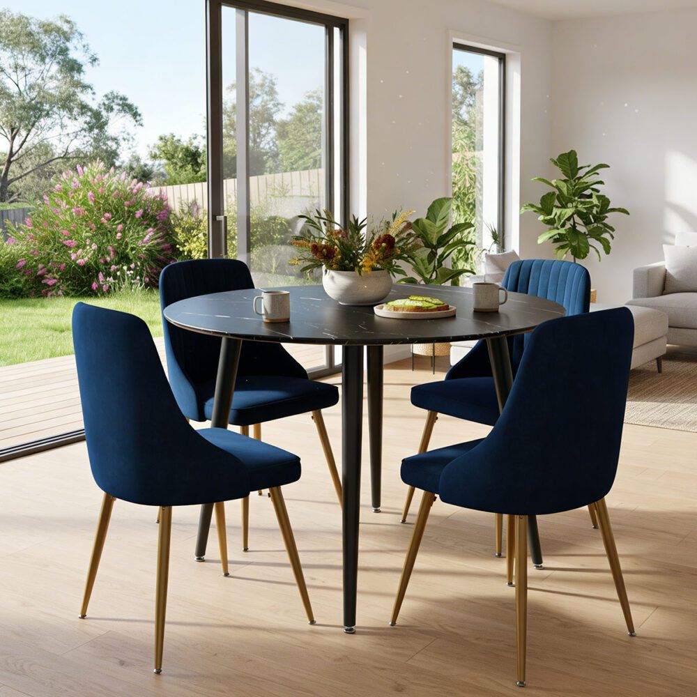 5-Piece Ermes Blue Dining Table & Chair Set Velvet Bistro