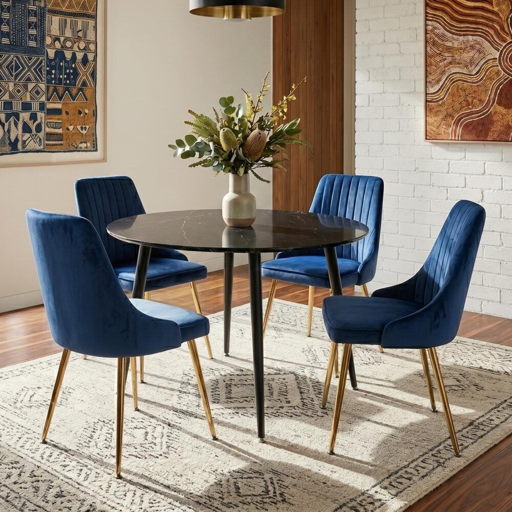 5-Piece Ermes Blue Dining Table & Chair Set Velvet Bistro