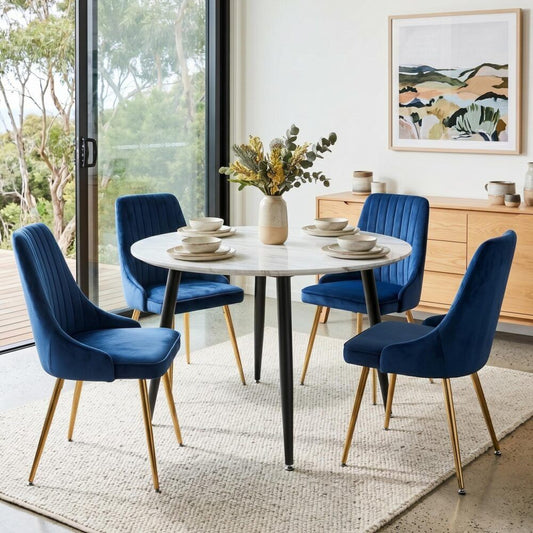 5-Piece Ermes Blue Dining Table & Chair Set Velvet Bistro