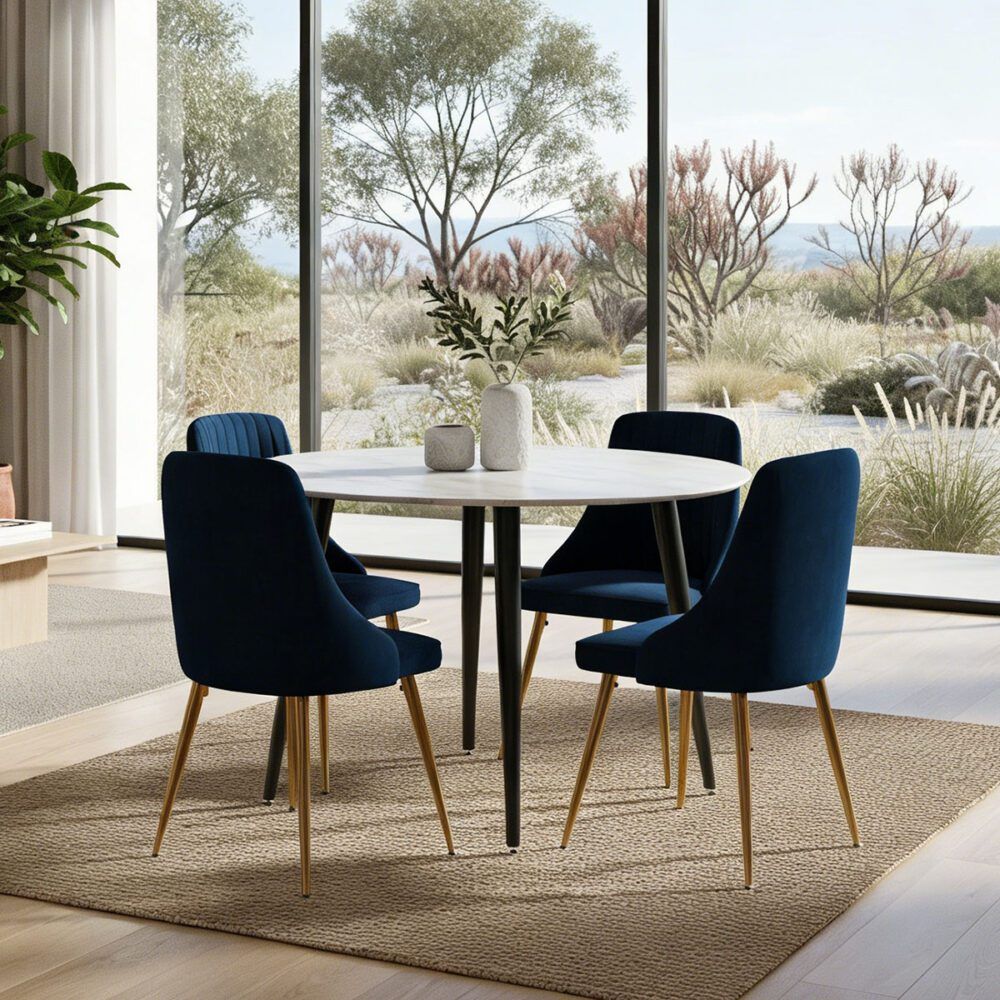 5-Piece Ermes Blue Dining Table & Chair Set Velvet Bistro