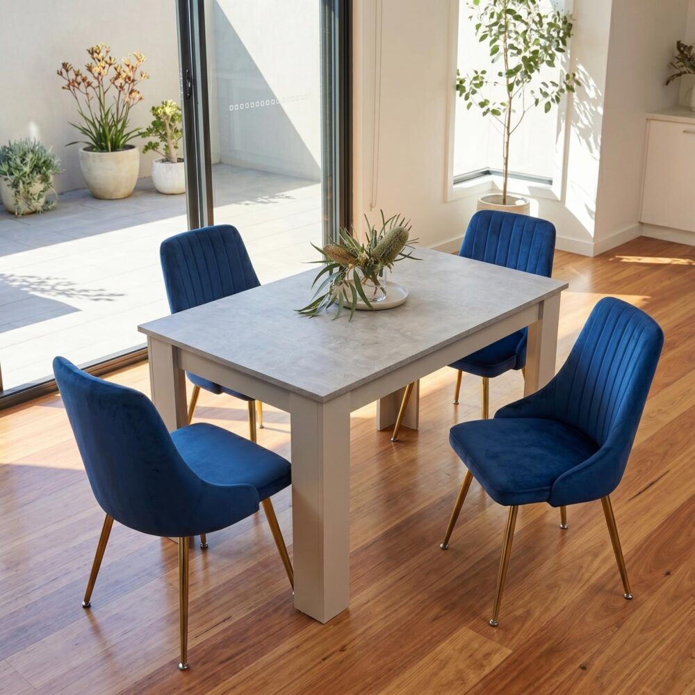 5-Piece Elvio Blue Dining Table & Chair Set Rectangular Velvet